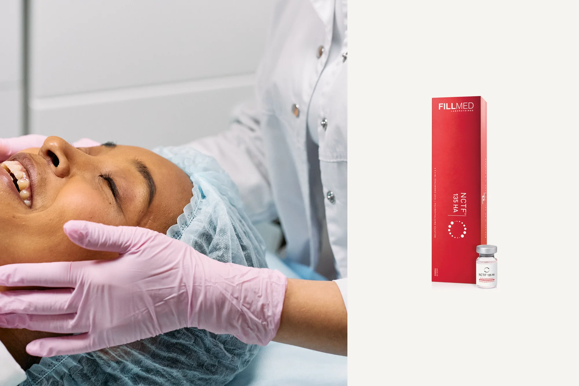 Profesional sostiene el rostro de una paciente antes de una vitaminización facial, junto a la caja de NCTF 135 HA de FILLMED